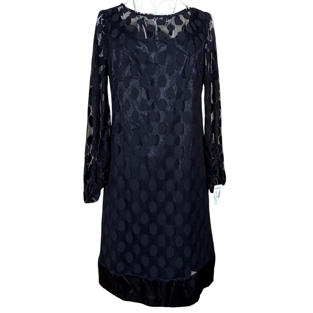 Roz & Ali Black Polka Dot Mesh Sheer Sleeve Dress NWT Size 4 Satin Trim Cocktail